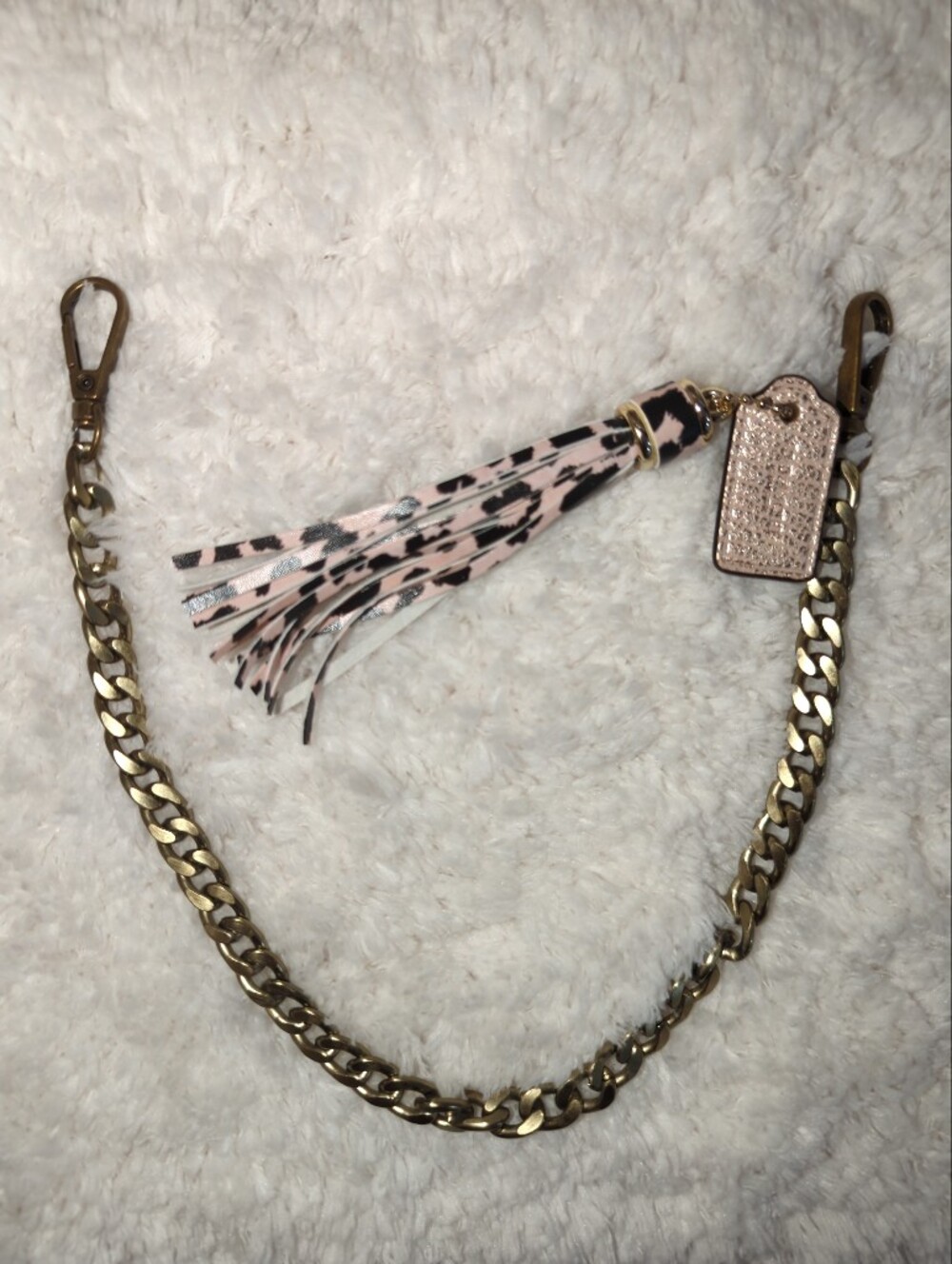 Coach Champagne Metallic Leather Hangtag With Leopard Tassel Brasstone Bag Charm